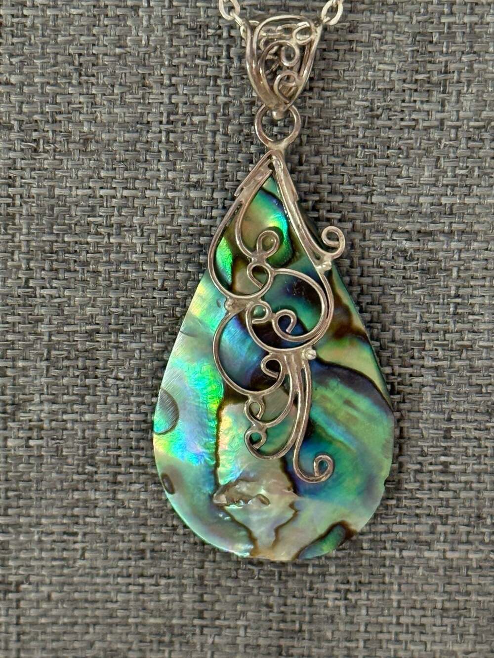 Sterling Silver Abalone Shell Teardrop Pendant Necklace with Filigree Swirls